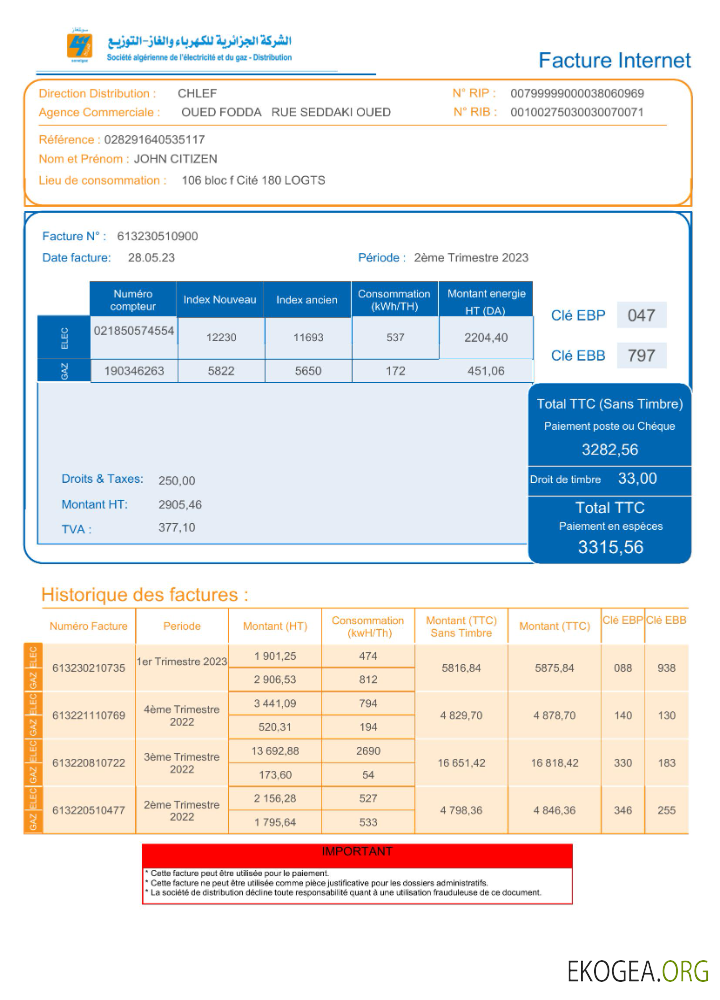 Algeria Societe Algerien Distribution internet utility bill Word and PDF template